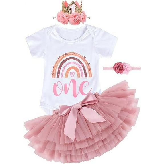 MMTX 1 Year Old Baby Girl Outfit, Boho Style Baby Girl 1st Birthday Outfit, Jumpsuit, Pink Tutu, 2 Piece Headband, Baby Girl Birthday Party Outfit, Photography Outfit