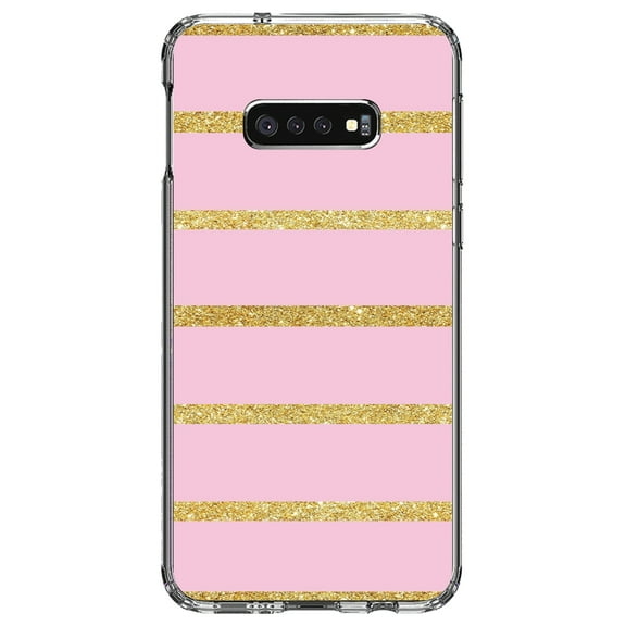 DistinctInk Clear Shockproof Hybrid Case for Samsung Galaxy S10e (5.8" Screen) - TPU Bumper, Acrylic Back, Tempered Glass Screen Protector - Pink & Gold Print - Horizontal Stripes Pattern