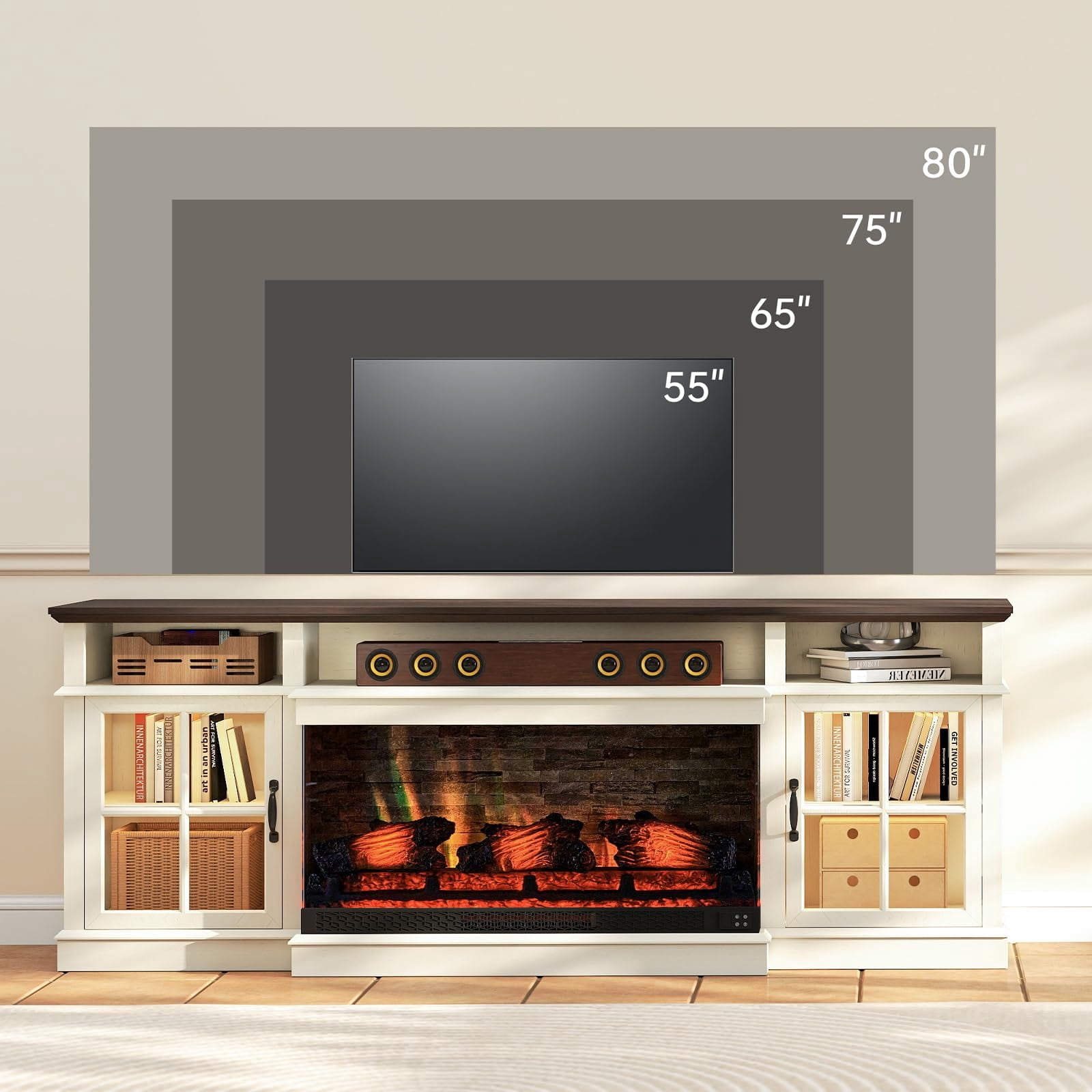 Sonegra 36 Inch Fireplace TV Stand with LED Light, Entertainment Center with 3-Sided Glass Fireplace for TVs up to 80", TV Console, White