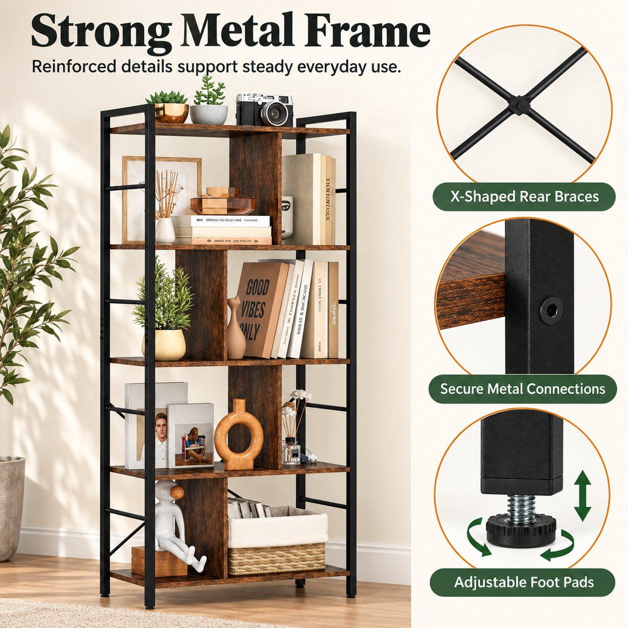 Furnibear 5-Tier Bookcase 61 Inch Tall Industrial Bookshelf with Metal Frame and Anti-Tip Anchors for Living Room Home Office Bedroom, Rustic Brown