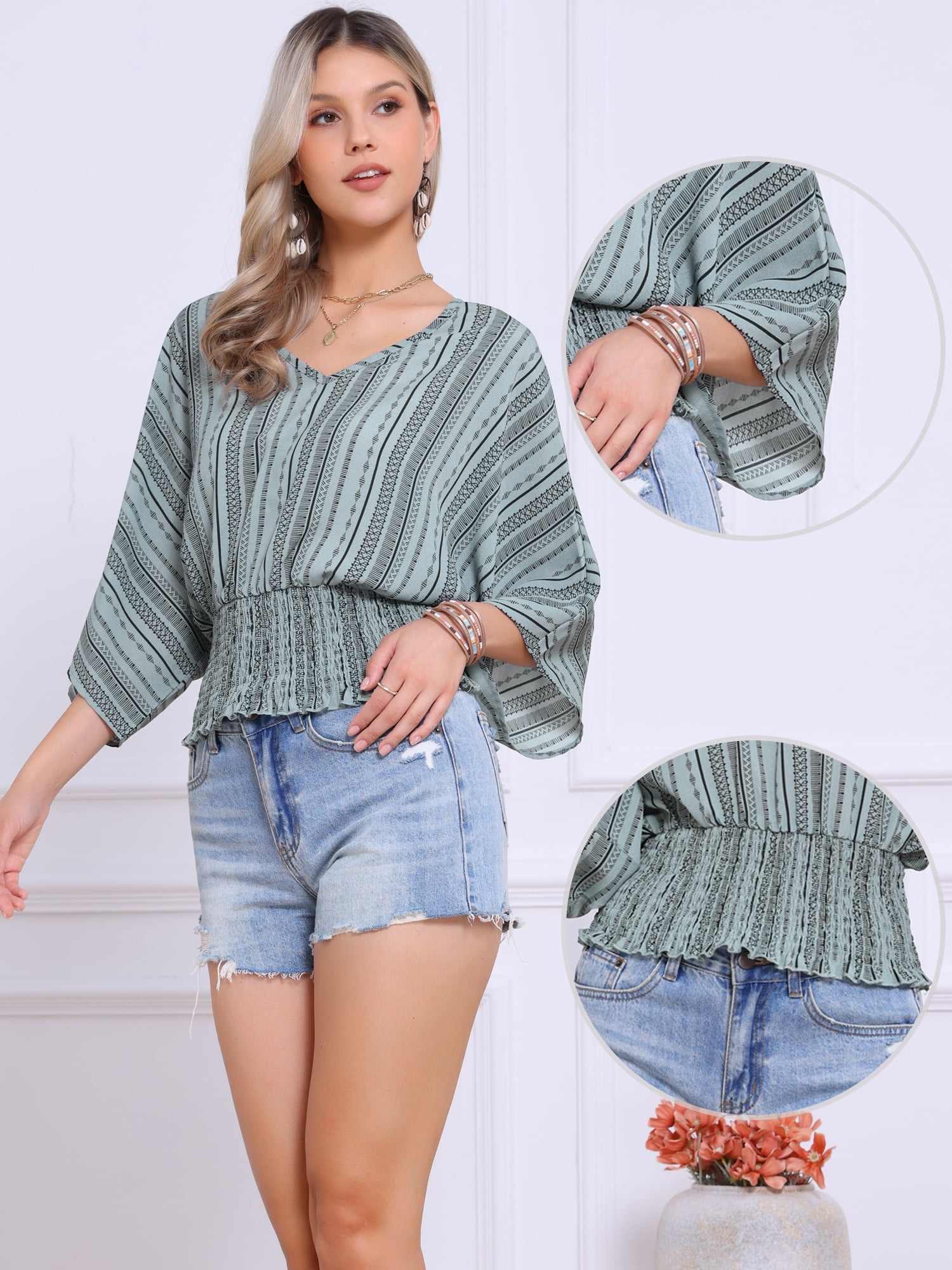 DARING DIVA Women's V Neck Chiffon Smocked Batwing Blouses M Light Gray Green