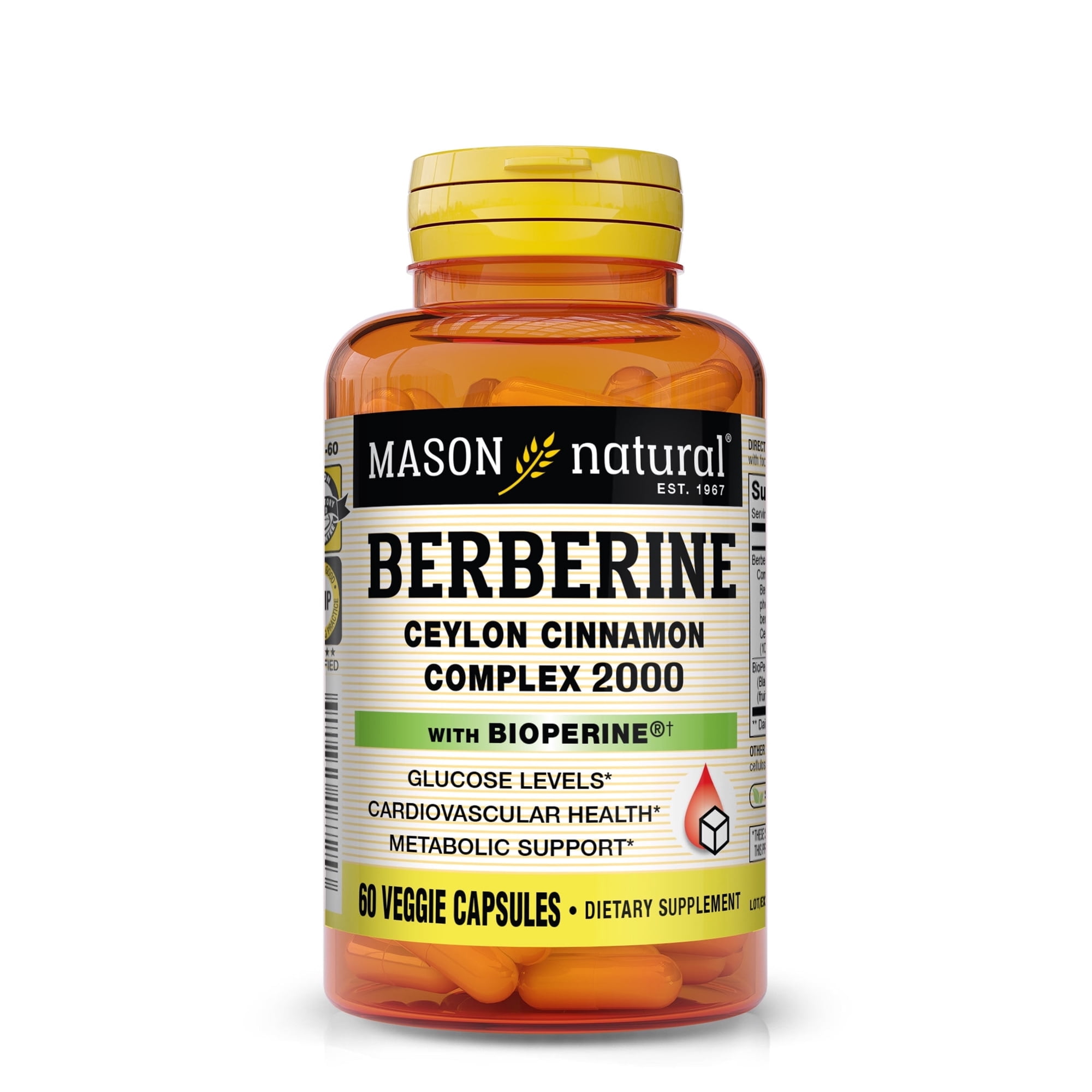 Mason Natural Berberine Ceylon Cinnamon Complex, Glucose Levels, Cardiovascular Health, Metabolic Support, 60 Veggie Capsules