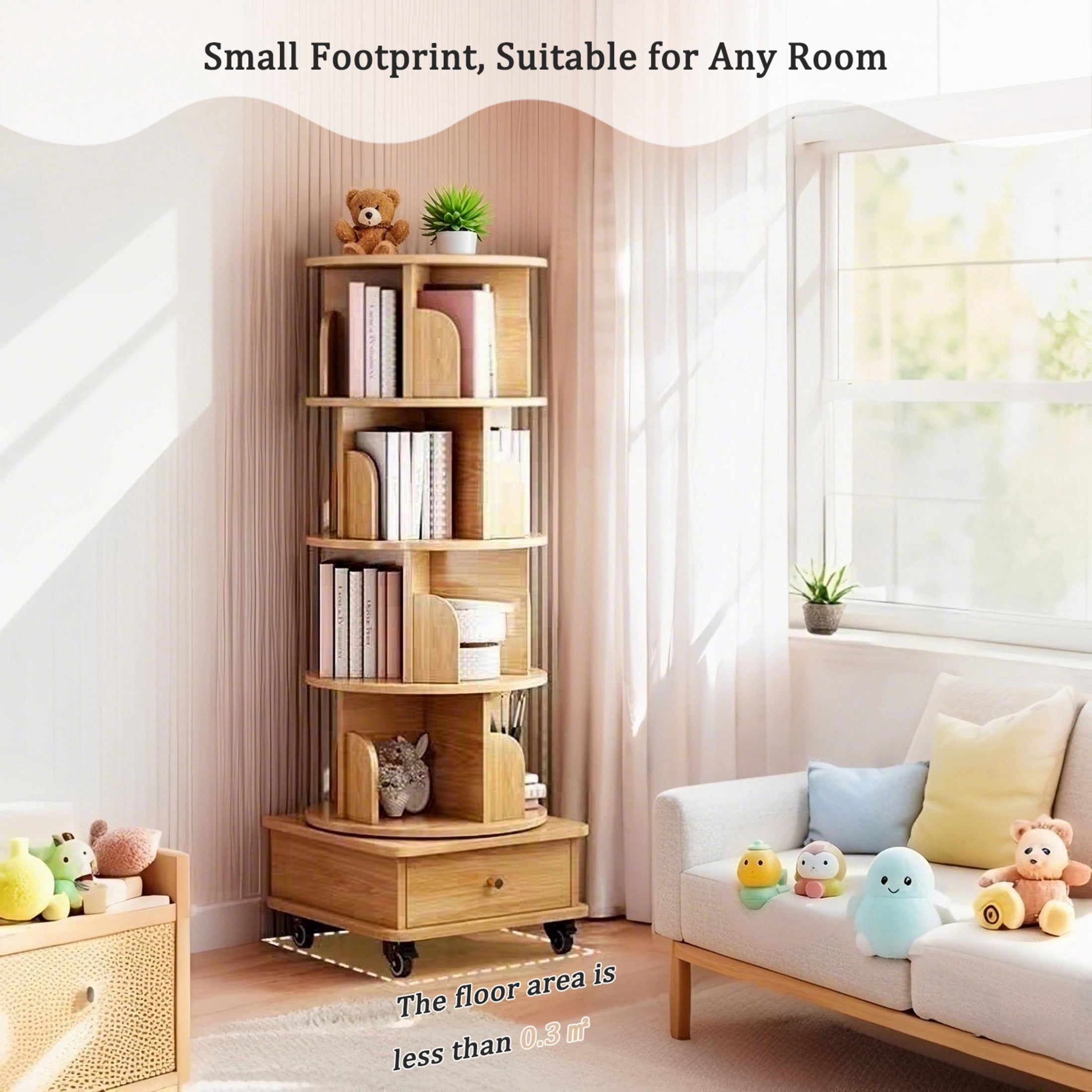 Noble House Ronald 5-Tier 360° Rotating Display Bookshelf, Round Tower with Wheels & Drawer, Space-Saving, Natural