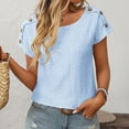 thumbnail image 3 of DuoJiaJ Women Casual Solid Color Blouse Jacquard Hollow Short Sleeved Top Casual V-Neck Tops Blue L, 3 of 5