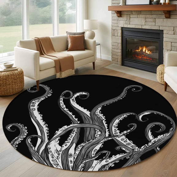 Black Octopus Coastal Round Area Rug 5Ft Washable Circle Rugs for Living Room Bedroom, Nautical Ocean Modern Abstract Art Non-Slip Carpet Floor Mats Indoor Outdoor Carpet Runner Aesthetic Home Decor