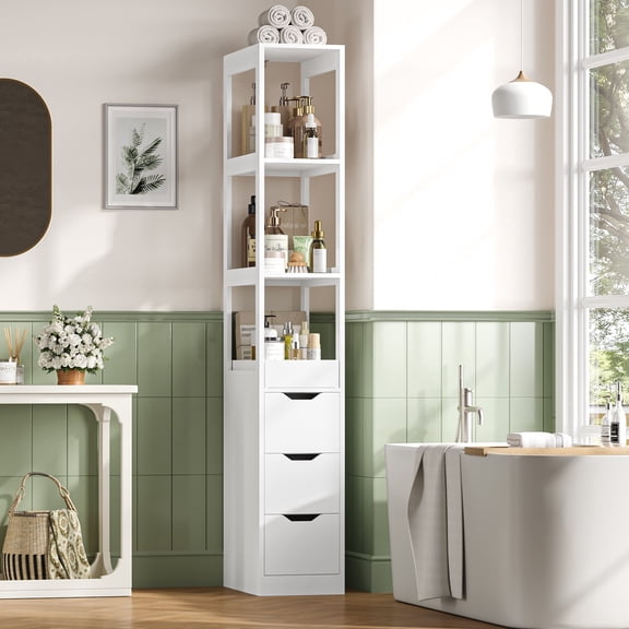 Hiphuta Bathroom Storage Tower with 3 Drawers, 67" Tall Bathroom Cabinet with 3-Tier Open Shelves, Narrow Linen Cabinet for Small Spaces, White