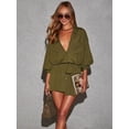 thumbnail image 5 of Women'S Collar V Neck Button Down Pleated 3/4 Sleeve Mini Shirt Dress with Belt Army Green XXL, 5 of 9