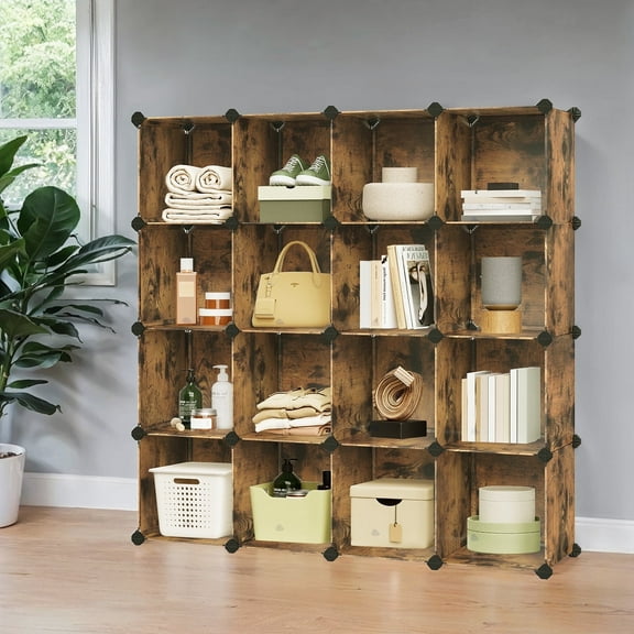 LEDREM 16-Cube Storage Organizer DIY Bookshelf Plastic Storage Shelving,Easy Assembly for Closet, Bedroom, Rustic Brown