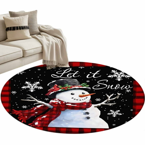 Red Plaid Christmas Round Area Rug 4 FT, Non Slip Indoor Outdoor Rug, Watercolor Snowman Snowflake Black Washable Soft Circular Carpet Non-Shedding Floor Mat for Coffee Table Nursery Foyer Balcony