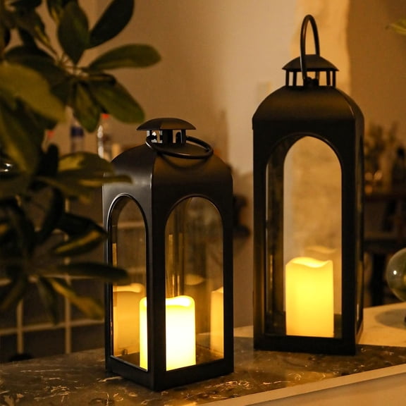 Lantern Decorative Candle Lantern 16 Inch Remote Vintage Set of 2 Decorations with Timer LED Metal Hanging Lantern for Home Outdoor Porch Decor Christmas Centerpieces Tables