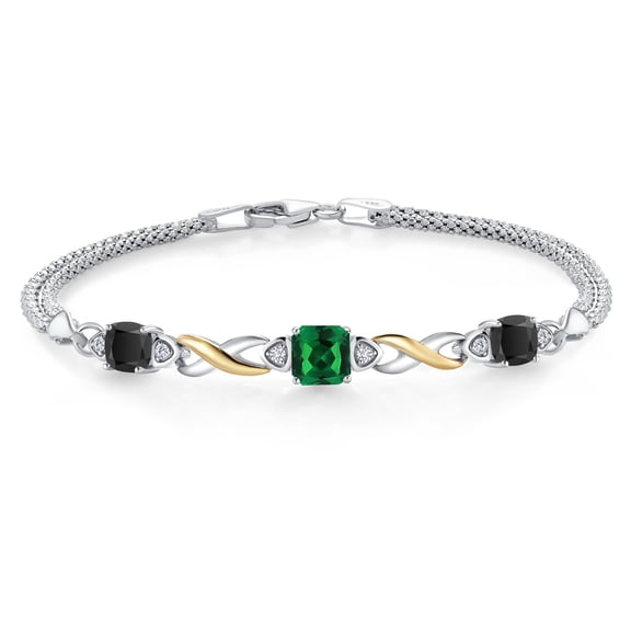 925 Silver and 10K Yellow Gold Green Nano Emerald and Black Onyx and White Lab Grown Diamond Bracelet for Women (2.15 Cttw, Gemstone May Birthstone, Cushion 6MM, 6.5 inches, Made in Italy)