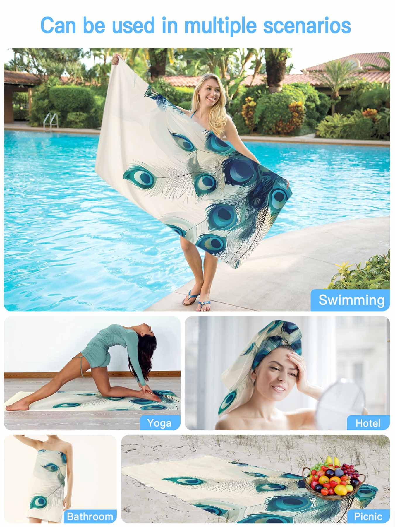 Teal Turquoise Peacock Print Beach Towels Blanket Soft & Absorbent Quick Dry Microfiber Cream Color Pool Towels for Swimming ,Yoga, Sports, Gym, Camping,Large 30X60in,