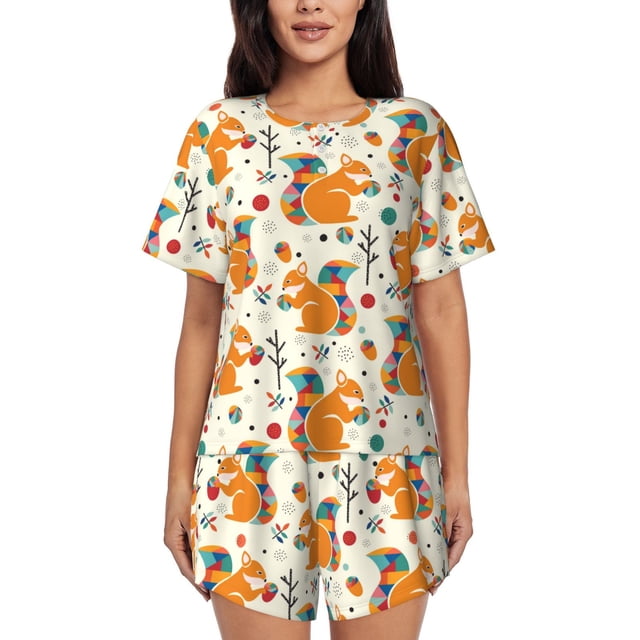 Balery Squirrel With Colorful Tail Conjunto de Pijama para Mujer con Estampado, Dos Piezas de Manga Corta y Shorts, Ropa de Dormir Suave con Cuello Redondo y Bolsillos-XX-Large