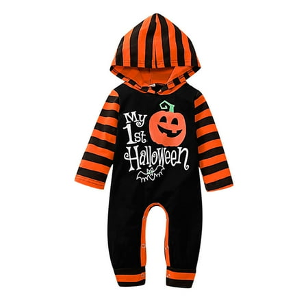 

NZRVAWS Baby Boys Romper Jumpsuit Onesies Bodysuit Halloween Pumpkin Print Letter Print Stripe Long Sleeve Hoodie Romper 3-6 Months Black