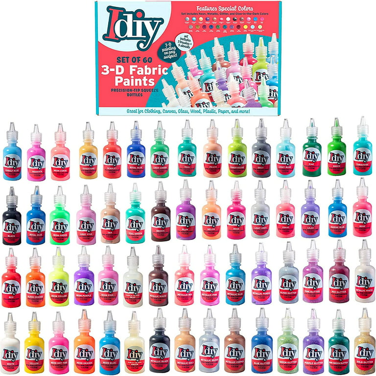 Idiy Fabric Paints, Set of 60 Colors, (1oz bottles) Bright 3D Fabric Paint - Includes Glitter, Metallic, Glow, Neon, 5 Stencils, 3 Brushes, Non-Toxic