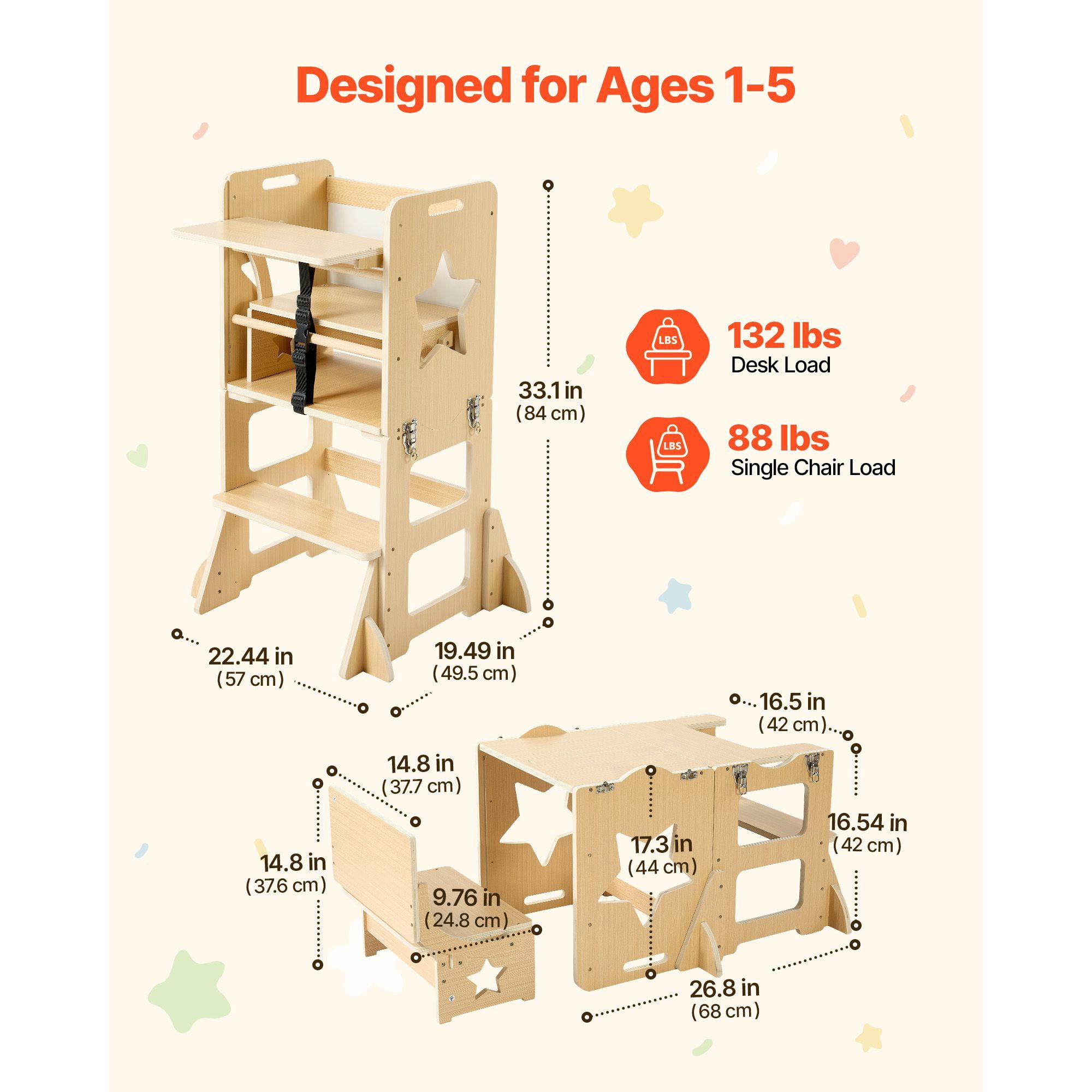 Toddler Tower, Wooden, 6 in 1 Kitchen Step Stool for Kids 1-5, Montessori Weaning Table and Chair Set, Learning Standing Tower with Blackboard & Feeding Tray, for Bathroom and Kitchen Counter