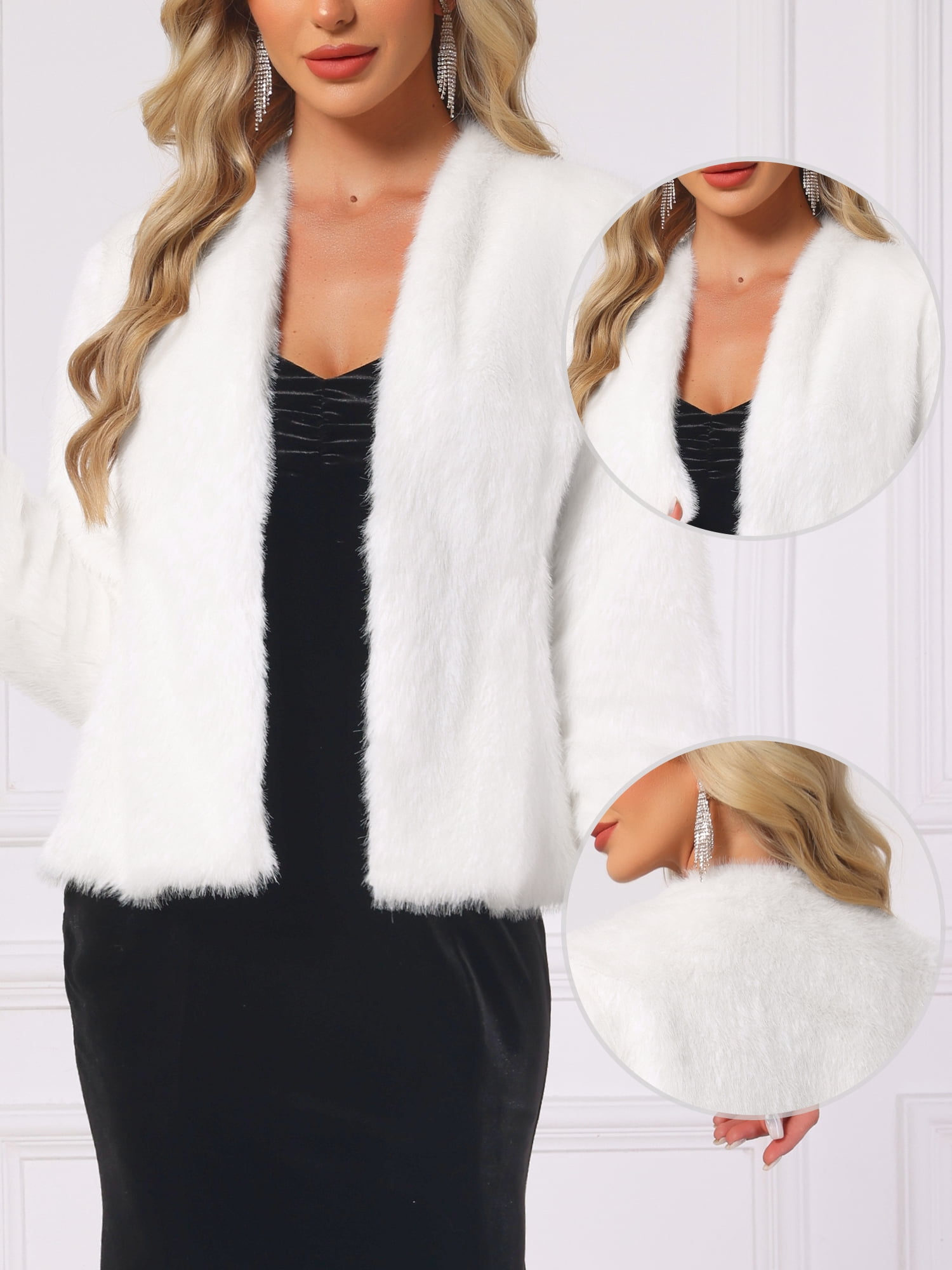 DARING DIVA Women's Faux Fur Long Sleeve Open Front Overcoat Fluffy Jacket S White