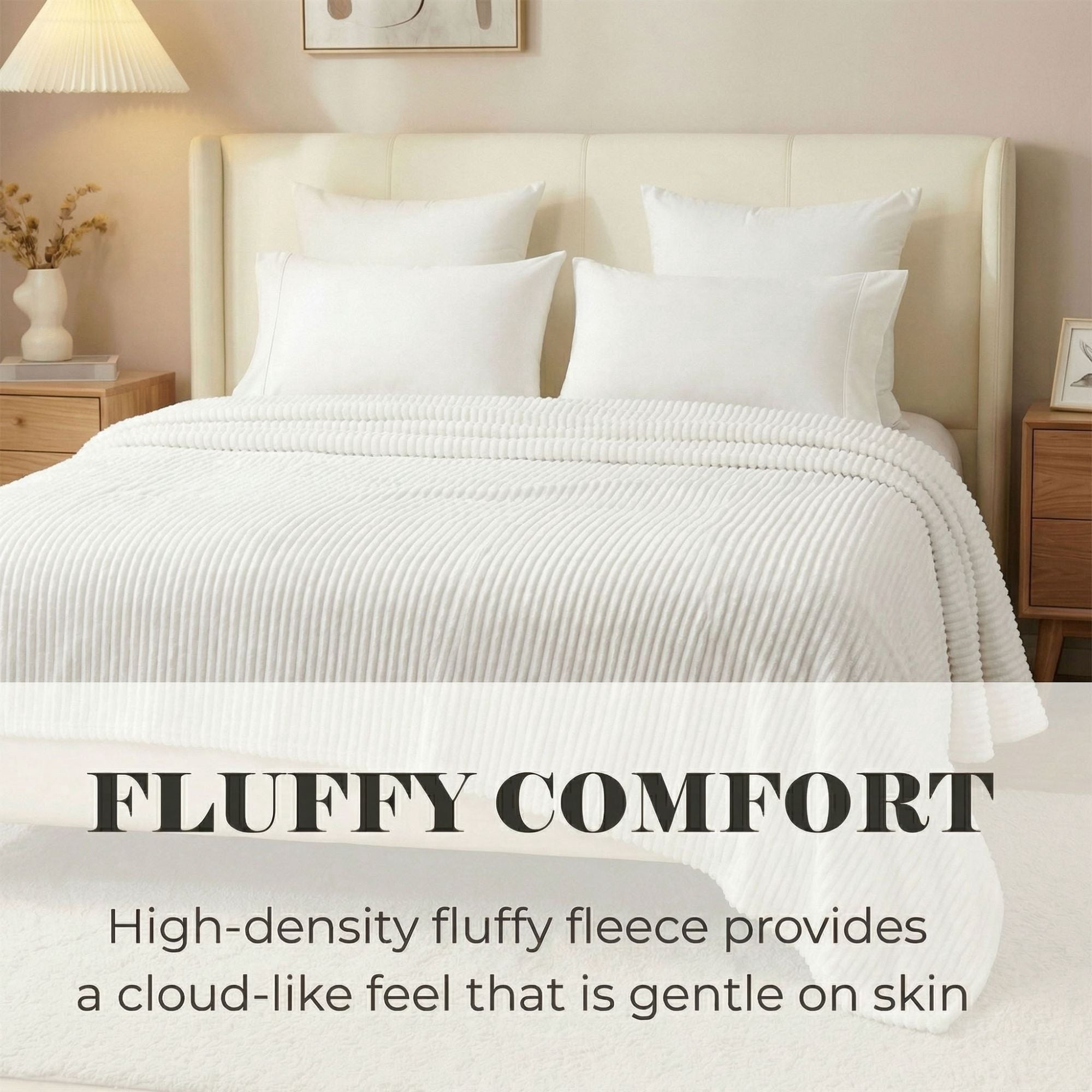 Superior Kacey Ribbed Fluffy Fleece Blanket, Twin Size, White