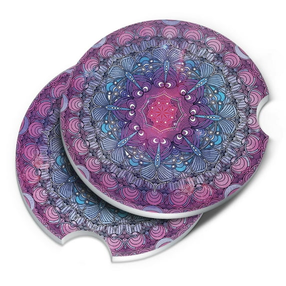 CARIBOU Round Ceramic Stone Drinks Car Coaster Set of 2pcs, Purple Blue Mandala