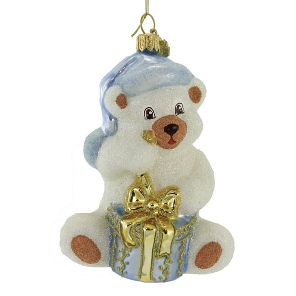 Huras Glittered Bear With Gift Glass Ornament Babys First 1St S291 Blue