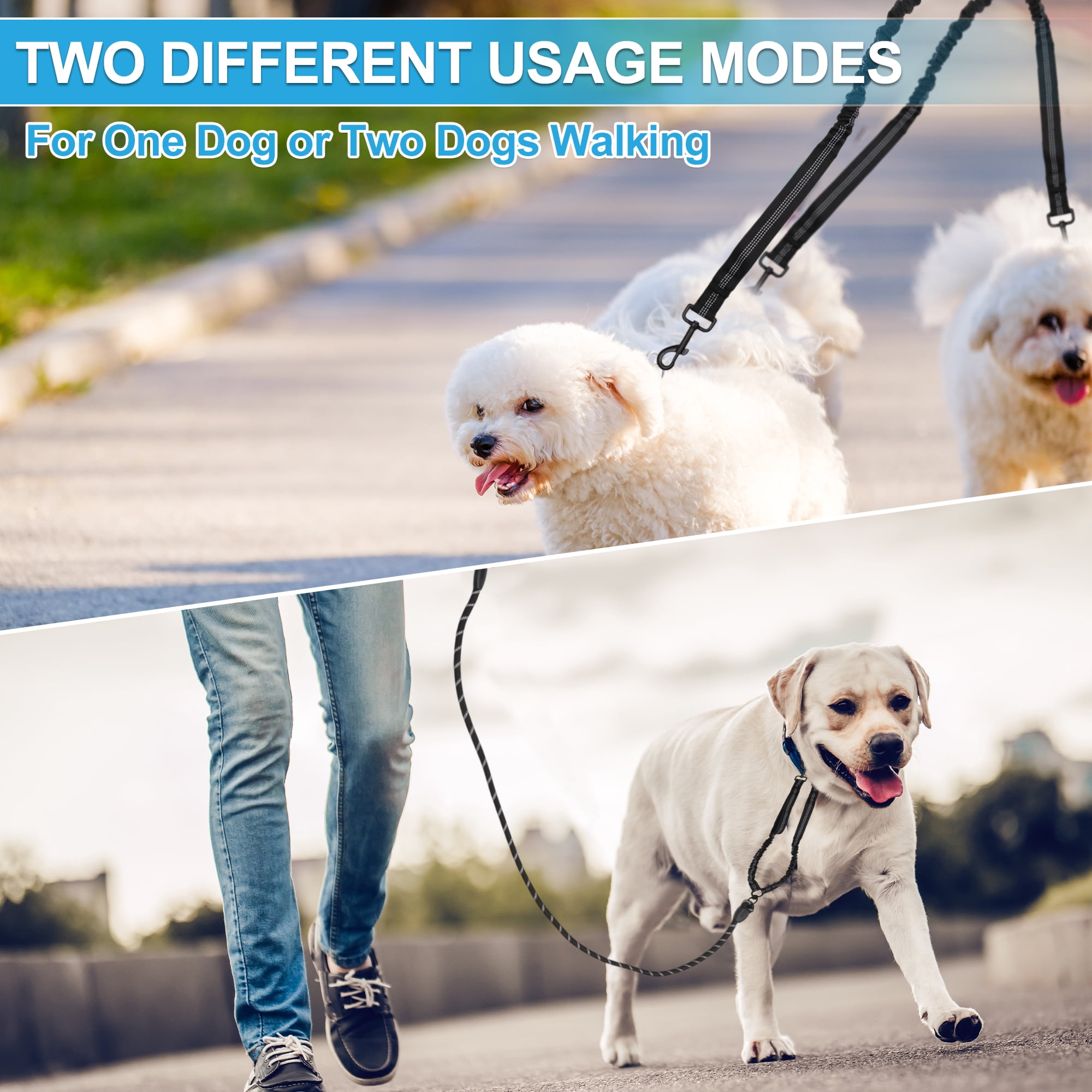 Unique Bargains Double Dog Leash Hands-Free Dual Dog Leash with Comfortable Padded Handle Double Leash for Two Dogs Adjustable Length 1 Set Black