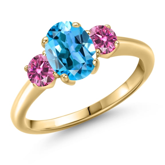 Gem Stone King 10K Yellow Gold Swiss Blue Topaz and Pink Moissanite Engagement Ring for Women | 1.96 Cttw | Oval 8X6MM | Gemstone November Birthstone | Size 6