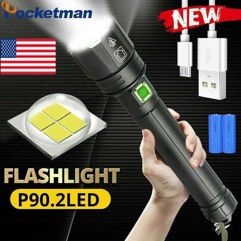 Powerful 250000LM XHP90 LED Flashlight Rechargeable 3Mode Zoom Torch Light 26650 
