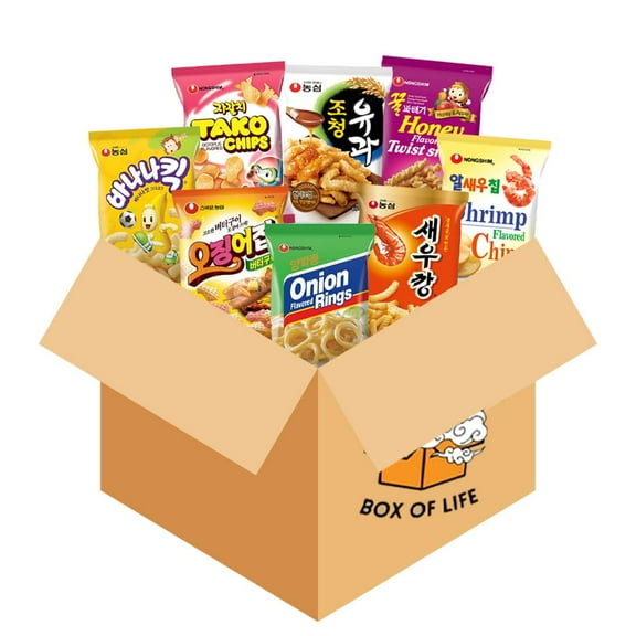 BOX OF LIFE Nongshim Korean Snack Set (Pack of 8) - Shrimp Crakcer, Banana Kick, Honey Twist, Onion Rings, Tako Chip, Shrimp Chip, Cuttlefish, Cho Chung U-Gua