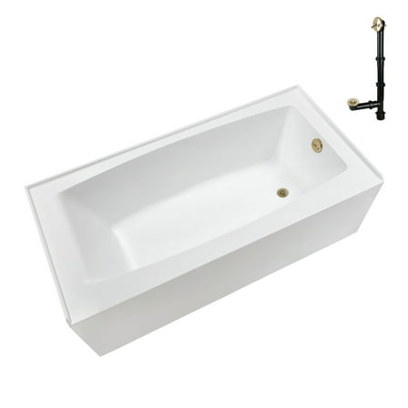 Streamline NAL-5540-PBR 66 in. x 32 in. Acrylic Right-Hand Drain Alcove Bathtub in Glossy White With External Drain in Polished Brass