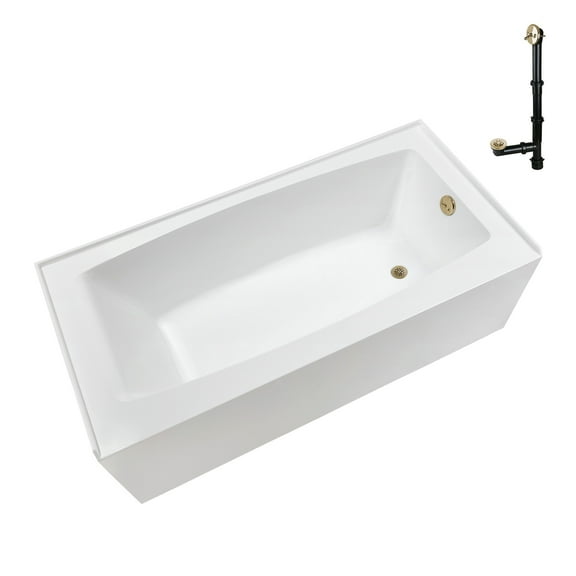Streamline NAL-5540-PBR 66 in. x 32 in. Acrylic Right-Hand Drain Alcove Bathtub in Glossy White With External Drain in Polished Brass