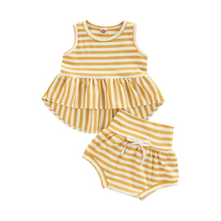 

CenturyX Newborn Baby Girls Tops Pants Sleeveless Stripes Tops Shirt Drawstring Shorts Kid Summer Clothes Yellow 6-12 Months