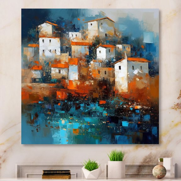 Designart "Orange And Blue Capturing The Serenity Of Village Views I" City Art Deco Wall Art For Bathroom