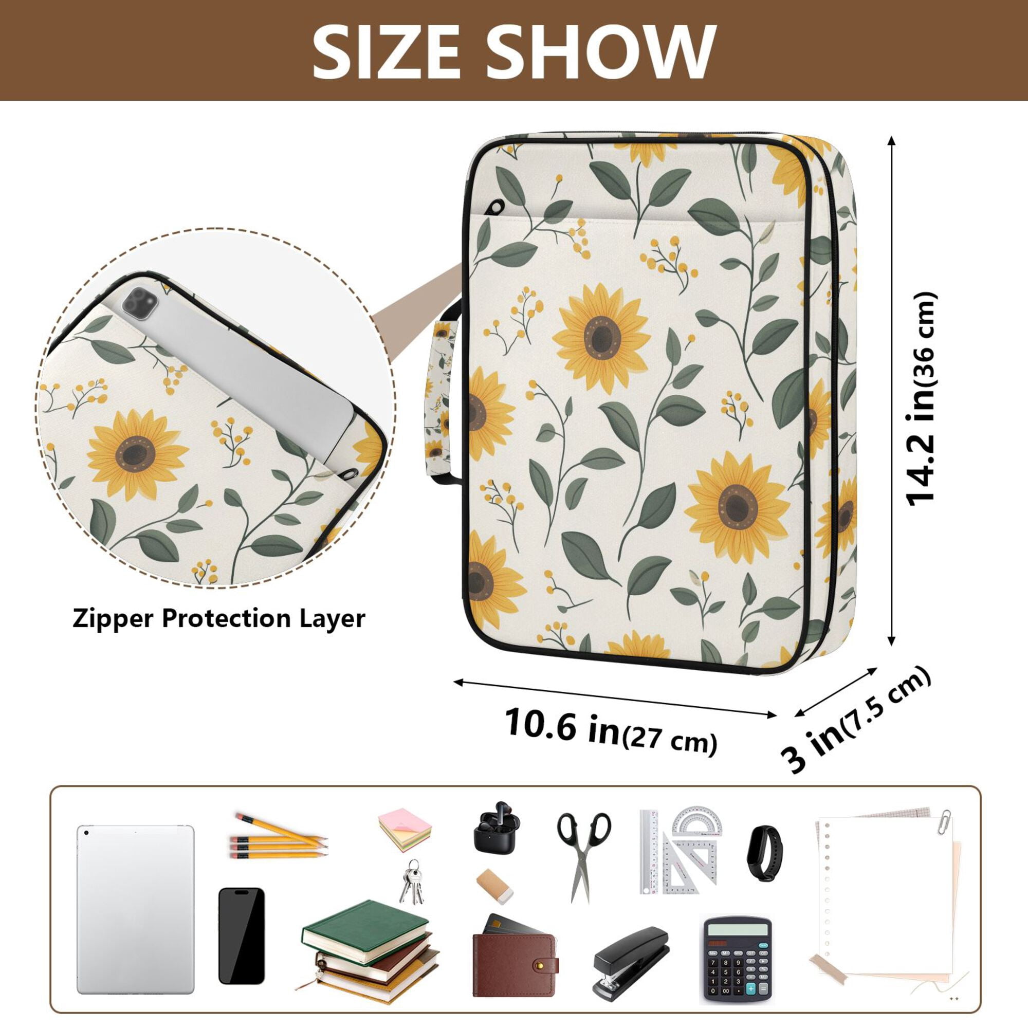 FORMRS Accordion File Folder A4 Size 7-Pocket Expanding Document Organizer Bag with 3 Ring Binder, Sunflower Pattern