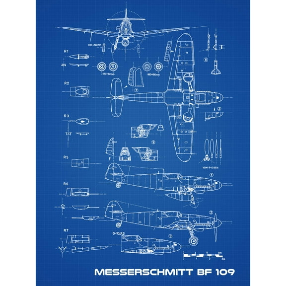 Messerschmitt Bf 109 Fighter Plane 2 Blueprint Plan Extra Large XL Wall Art Poster Print