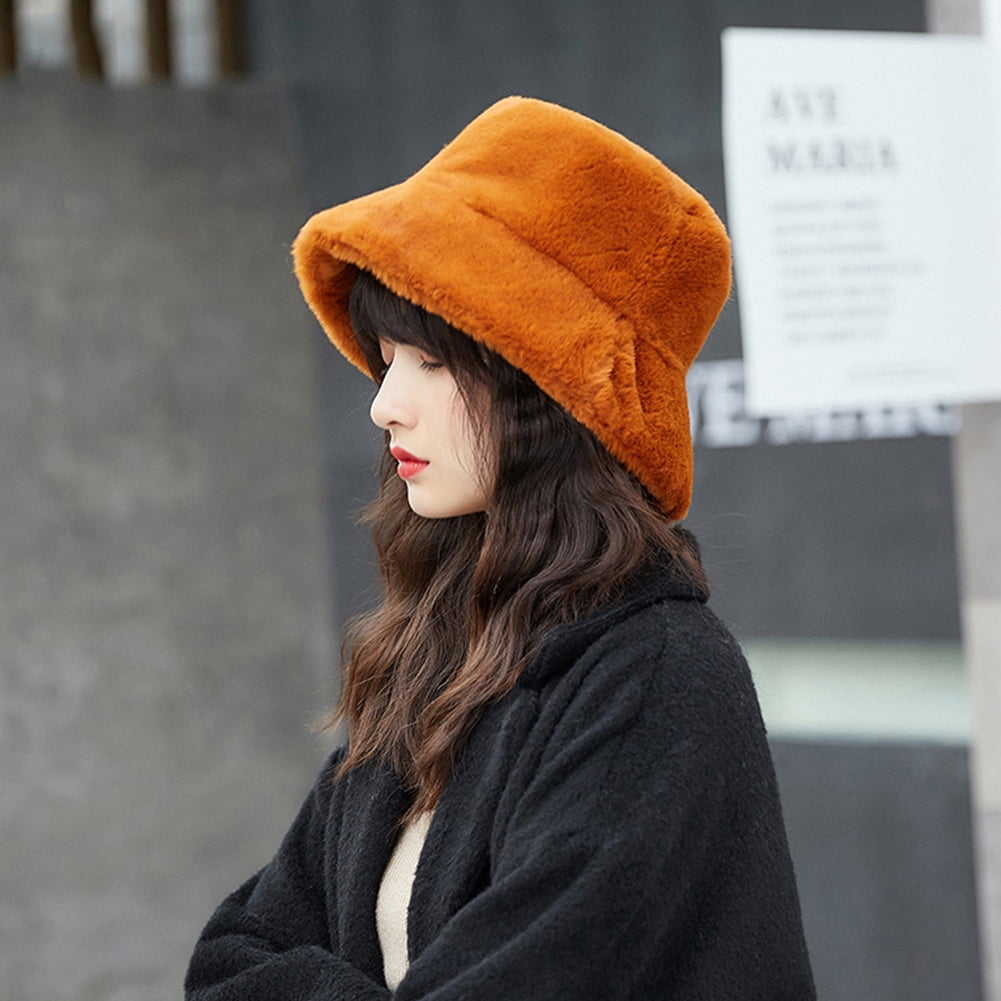 US Winter Women Fluffy Plush Bucket Hat Ladies Solid Warm Faux Fur Fisherman Cap