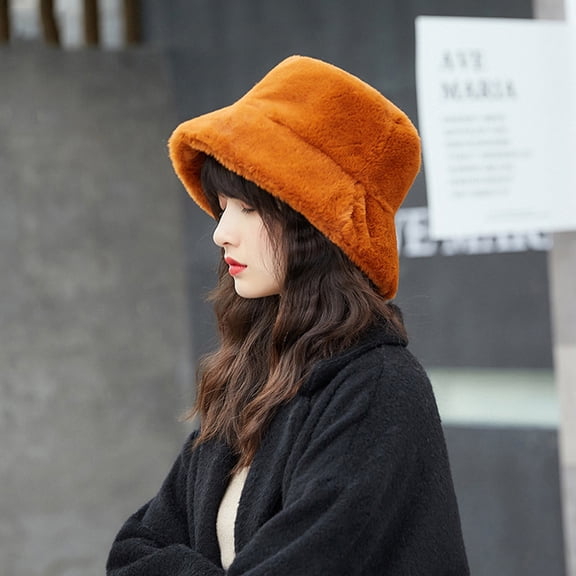 Winter Women Solid Color Flat Top Wide Brim Warm Plush Fisherman Hat Bucket Cap