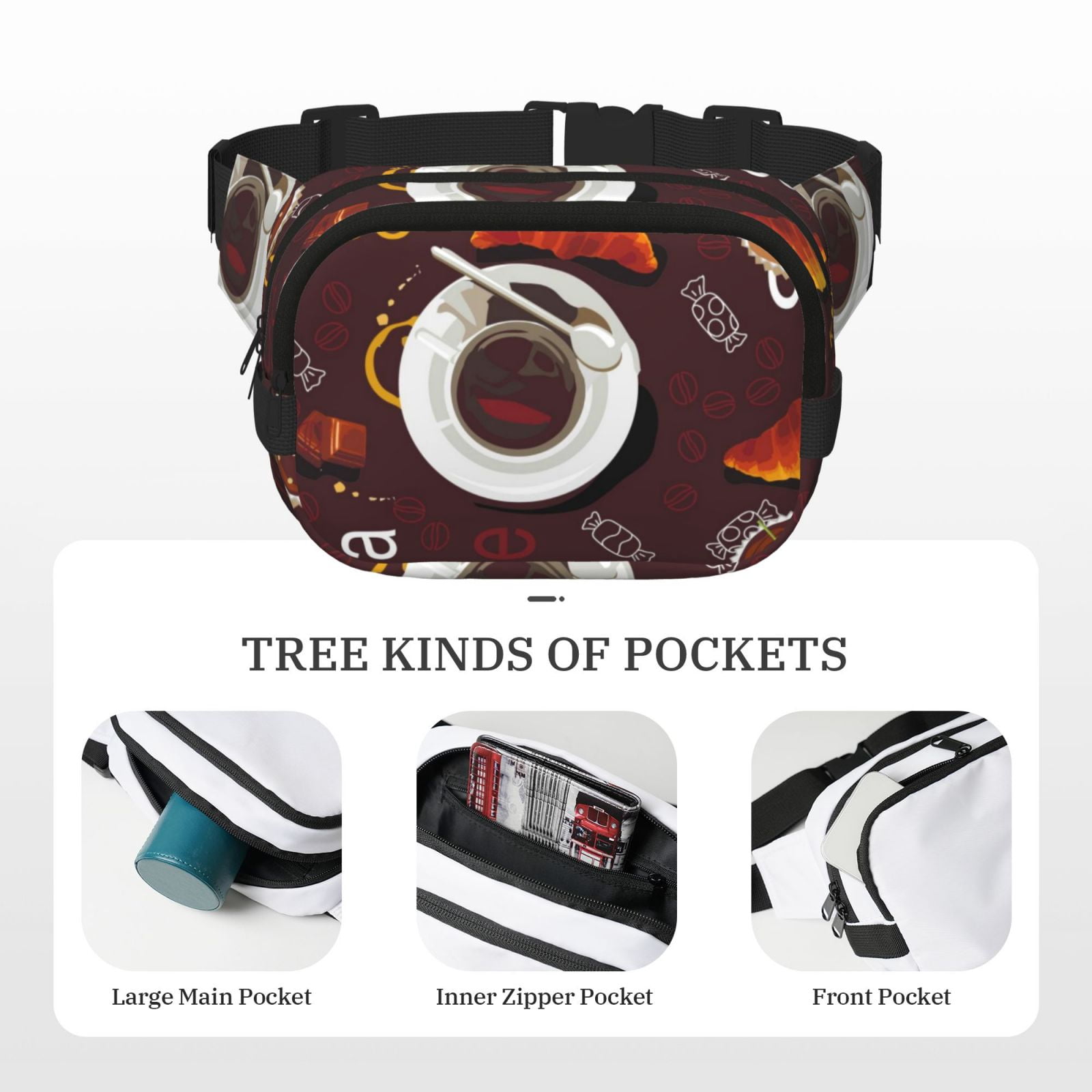 Picia A Cup Of Black Coffee On A Saucer Print Square Double-Layer Waist Bag Mini Adjustable Waist Belt Bag Exercise Running Travel Hiking