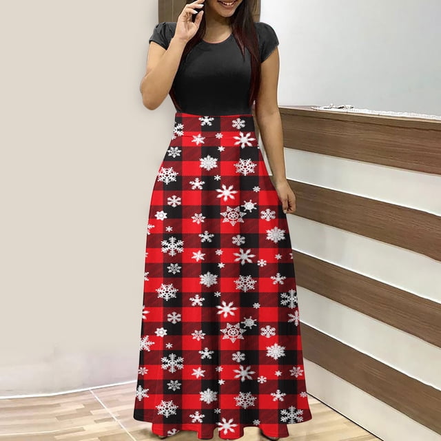 LOVZFMLL Robe Maxi Bohème Vintage Décontractée à Imprimé pour Femme, Col Rond, Manches Courtes, Rouge G