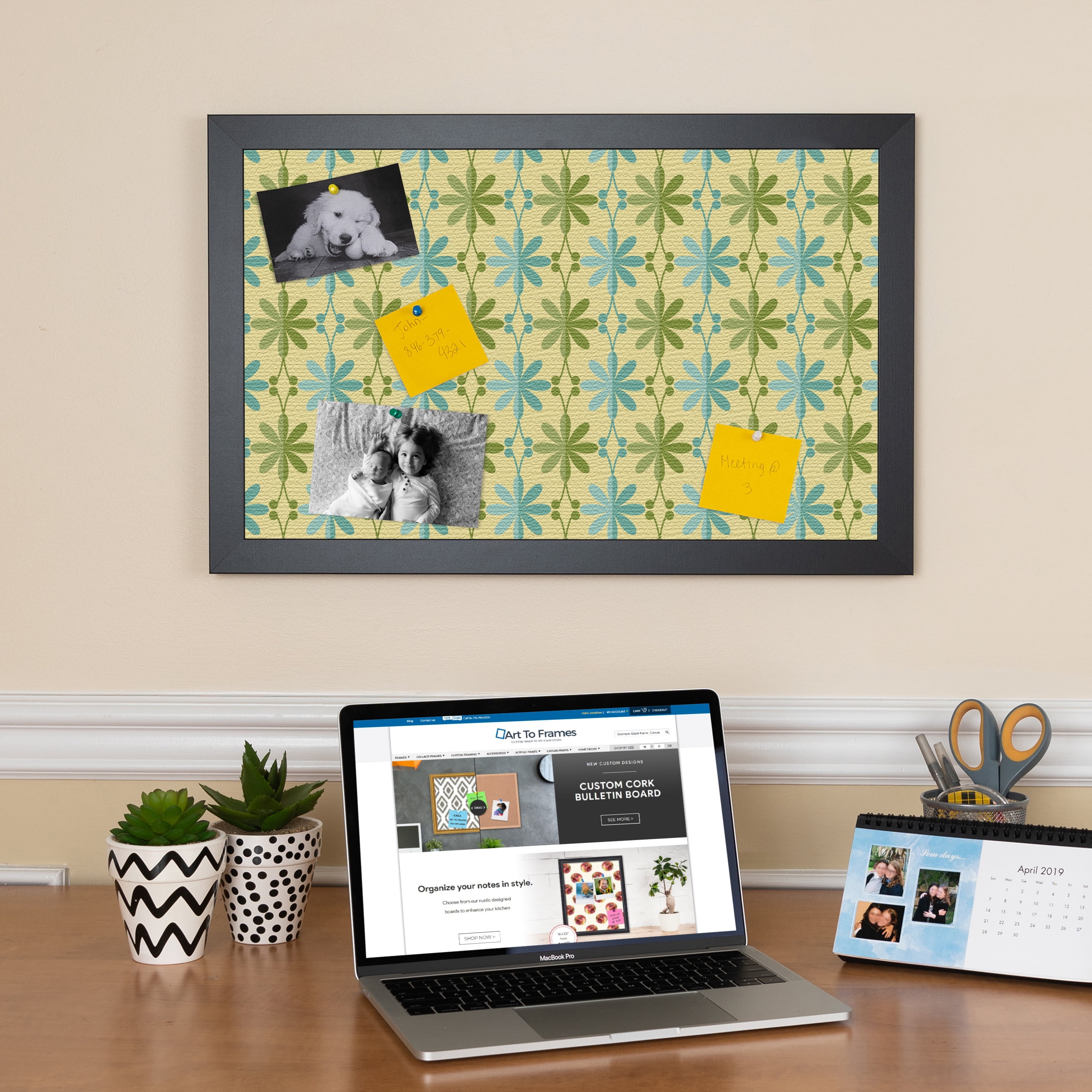 PinPix 20x14 Custom Cork Bulletin Board Floral Blue And Green Poster Board Has a Fabric Style Canvas Finish, Framed in Floral Blue And Green, by ArtToFrames (PinPix-551)