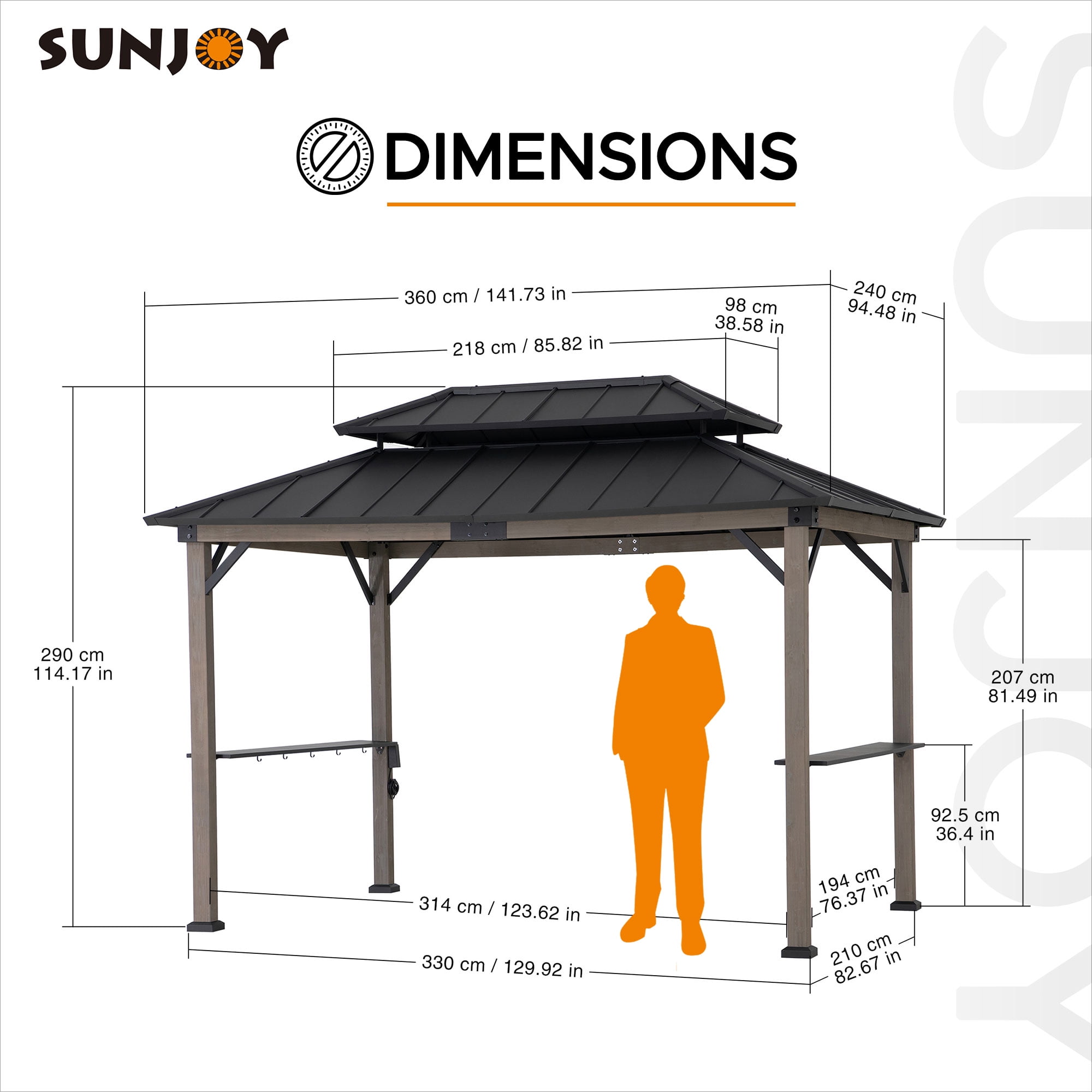 SUNJOY Gazebo à grillades Churchill 8 pi x 12 pi à cadre en cèdre avec port d'alimentation CA exclusif noir