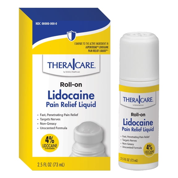 TheraCare 4 % Lidocaine Roll-On | OTC Strength | Pain Relief Liquid | 2.5 oz. 73 mL | Non-Greasy, Unscented Formula | Topical Anesthetic