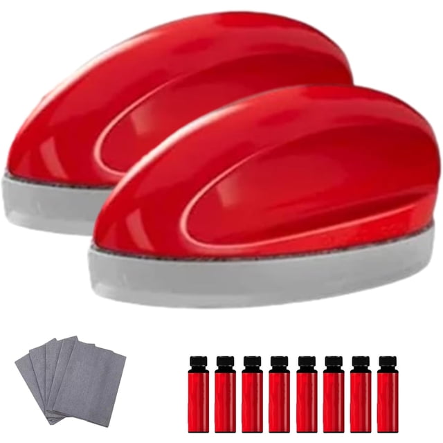 limpiador de parabrisas glass cool — Dos aplicadores rojos con base gris en vista frontal, cuatro paños grises y ocho frascos rojos de 1 fl oz (recambio); kit para aplicar recubrimiento hidrofóbico en parabrisas, ventanas y puertas de ducha, fácil de usar y apto para todo tipo de vidrios.