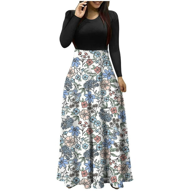 Vestido largo de manga larga con cuello redondo y estampado floral para mujer Pompotops hdfakjf4046
