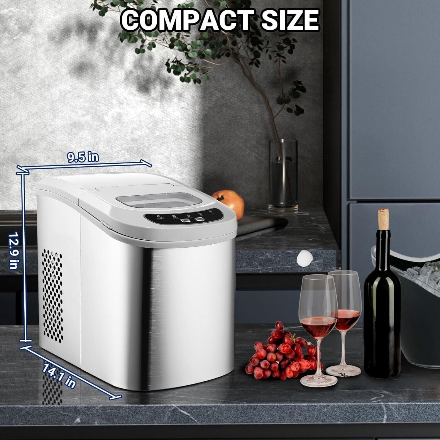 Smad 26Lbs Countertop Ice Maker Bullet Shaped Ice Cube Ice Mini Machine Silver