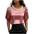 thumbnail image 2 of LWITHSZG Womens Tops Trendy Pearl Short Sleeve Shirts Summer Comfy Loose Basic Tees Dressy Business Casual Work Silk Satin Blouses, 2 of 5