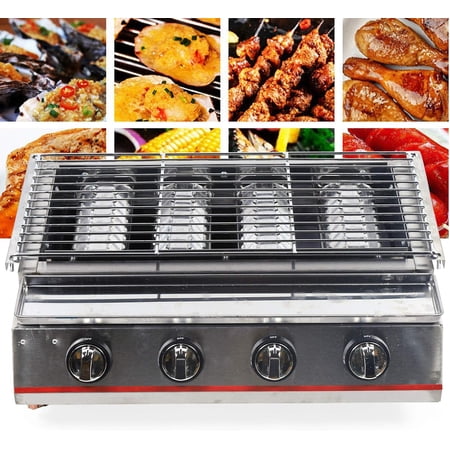 4 Burner Tabletop Gas Grill LPG Barbecue Camping Grill Travel Picnic Outdoor Garden Stainless Steel BBQ Grill Smokeless Barbeque Grill 2800 Pa