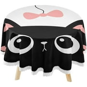 SKYSONIC Cat Kitten Face Head Round Tablecloth 60inch with Lace Indoor Wrinkle Free, Valentines Day Circular Table Cover Washable Farmhouse Tabletop for Kitchen Dining Decor