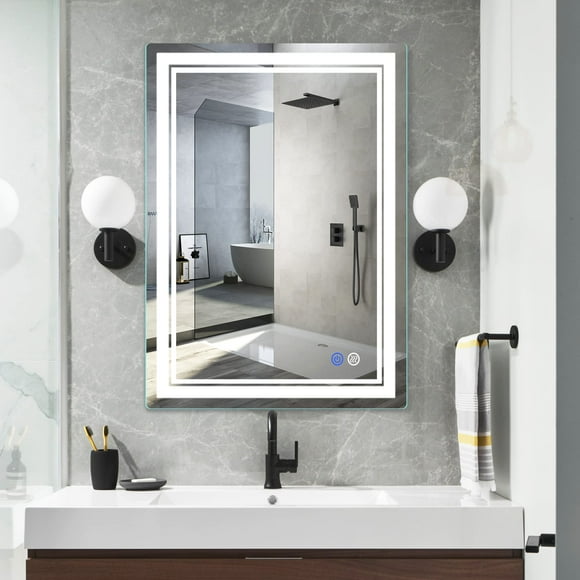 FITLAND Miroir de Salle de Bain à LED 28"x 20 Pouces, Miroir de Maquillage, Anti-Buée, Dimmable, Température de Couleur Réglable 3000-6000K, Mémoire de Commutateur, Miroir Mural à LED Adapté pour Salle de Bain, Maquillage (Vertical/Horizontal)