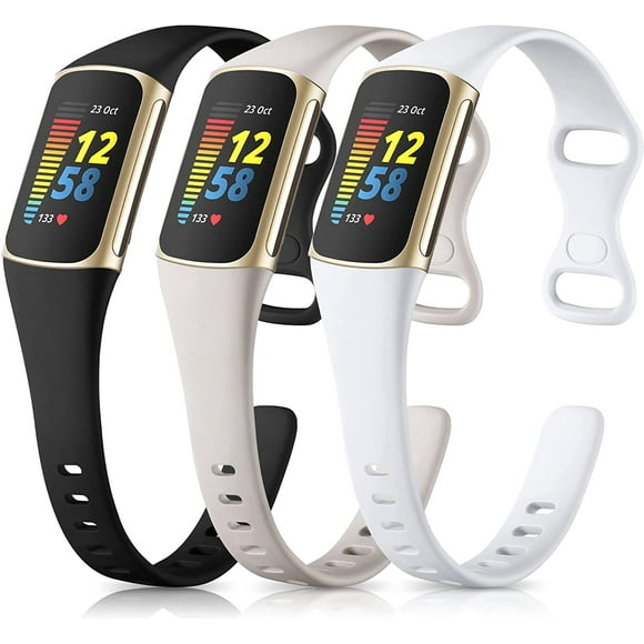 Tianle 3 Pack Slim Bands Compatible with Fitbit Charge 5 Bands/Charge 6 Bands Women Men, Soft Silicone Adjustable Sport Band Wristbands for Fitbit Charge 5/Charge 6 Fitness Tracker, Black/Gray/White
