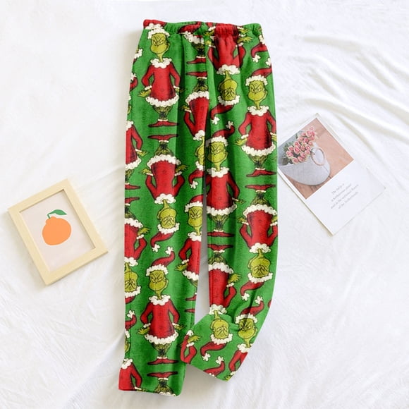 Womens Christmas Green Pajama Pants Funny Holiday Elastic Waist Relaxed Fit Winter Wide Leg Comfy Long Pj Pants